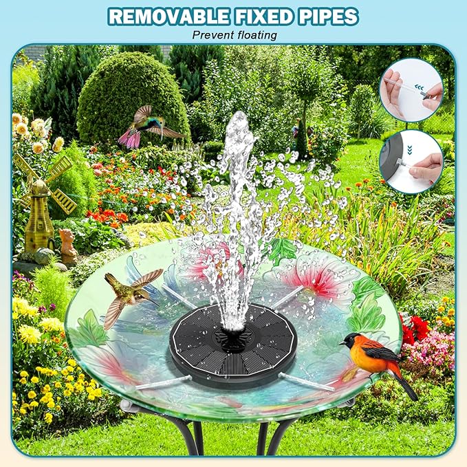 SZMP Solar Fountain for Bird Bath Spraying Water on Cloudy Day, Solar Water Fountain Pump Outdoor Garden 3.5W Black Glass Panel with 2000mAh Battery Replaceable Nozzles