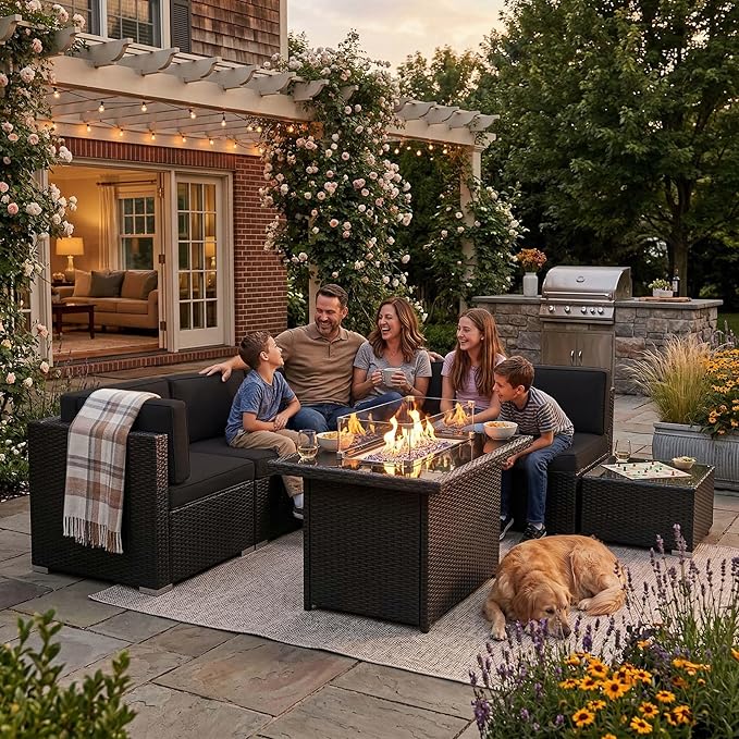 6 Pieces Patio Furniture Set with 44" Propane Gas Fire Pit Table, Outdoor Sectional Wicker Conversation Sofa Sets with Coffee Table