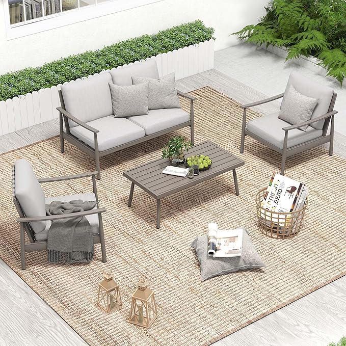 HAPPATIO Patio Outdoor Furniture Set - 4 Piece Aluminum Patio Conversation Set with 1 Coffee Table, 2 Armchairs and 1 Loveseat, Aluminum Outdoor Furniture Set for Backyard Deck Poolside (Grey)