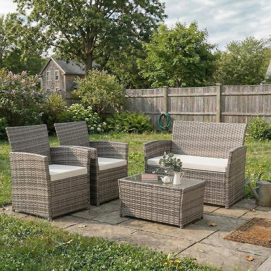 FHFO 4 Piece Outdoor Patio Furniture Set, Wicker Conversation Set, Rattan Table and Chairs and Loveseat with Cushions for Outside Balcony Porch Backyard (Gray-Beige)