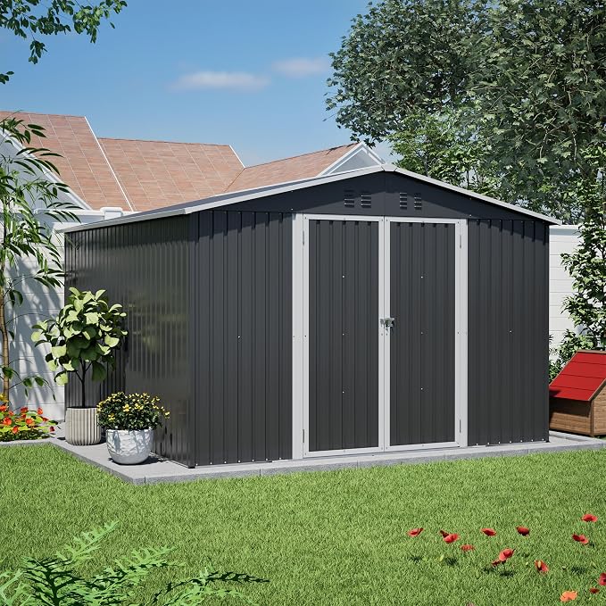 YOPTO 10x10 FT Outdoor Storage Shed,Large Metal Tool Sheds with Updated Frame Structure and Lockable Doors, Garden Shed for Backyard Patio Lawn, Black - Image 11