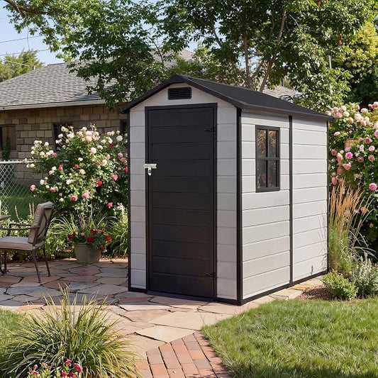 Resin Outdoor Storage Sheds 4x6 ft, Upgraded Double-Wall Outdoor Plastic Shed with Window & Double Doors, Waterproof Lockable Garden Shed (Grayish White + Black, 4 X 6 ft) by Unknown