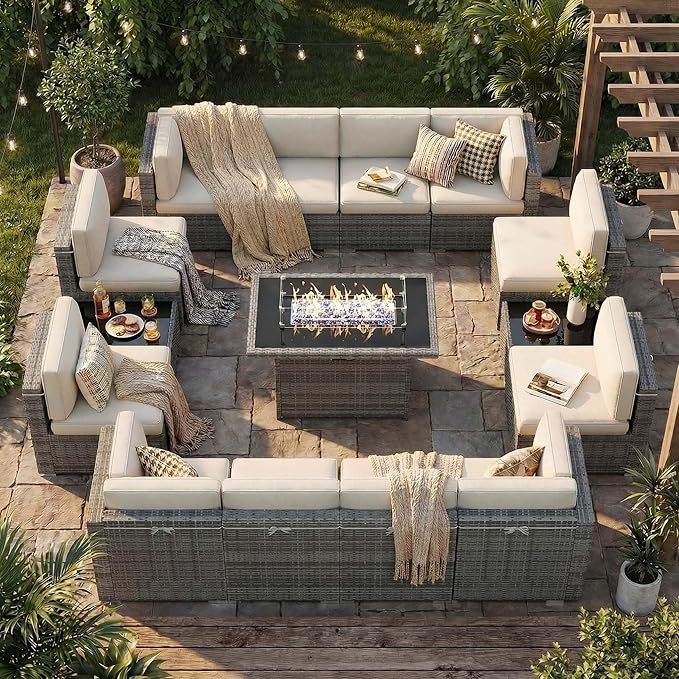 15 Pieces Patio Furniture Set with 44" Propane Gas Fire Pit Table, Outdoor Sectional Wicker Conversation Sofa Sets with Coffee Table