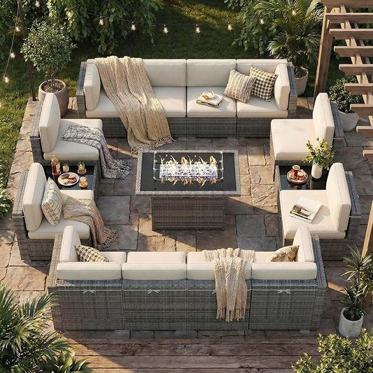15 Pieces Patio Furniture Set with 44" Propane Gas Fire Pit Table, Outdoor Sectional Wicker Conversation Sofa Sets with Coffee Table