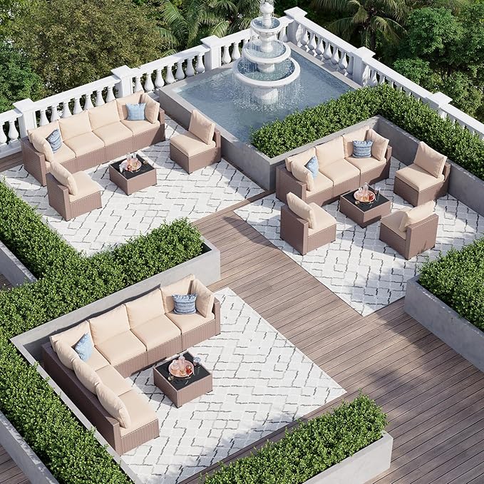 Aoxun 7 Piece Patio Furniture Set, Wicker Rattan Patio Sectional Sofa, Outdoor Furniture Set with Thickened Cushion, Light Gray