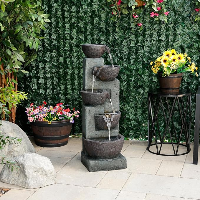 Alpine Corporation 39" Tall 5-Tier Bowls Waterfall Fountain with LED Lights, Elegant Outdoor Water Feature for Garden, Patio, Yard, Gray