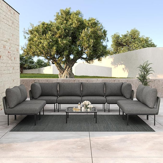LayinSun 9 Pieces Aluminum Patio Furniture Set, Modern Modular Sectional Sofa with Coffee Table and Upgrade Thickness Cushion