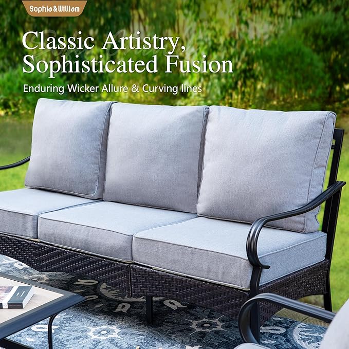 Sophia & William Patio Furniture Set, 5 Piece Metal Outdoor Conversation Set with 3-Seater Outdoor Couch, 2 Sofa Chairs, 1 Loveseat,1 Coffee Table for Outdoor Seating, Backyard, Porch(Grey)
