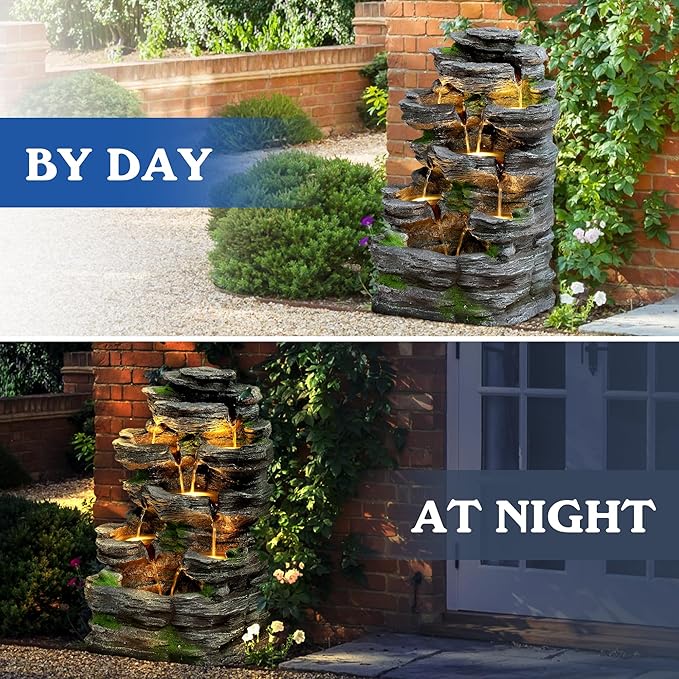 7-Tiers Garden Waterfall Fountain Outdoor - Water Fountains and Waterfalls, Outdoor/Indoor Floor Style Resin Fountain with LED Light for Patio, Garden and Backyard, Deck, Porch, Home