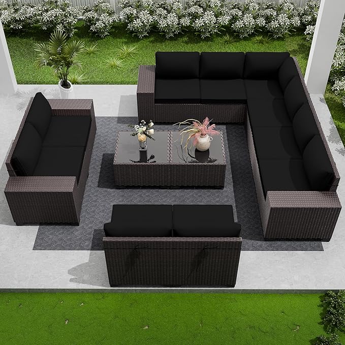 12 PCS Outdoor Patio Furniture Set,Outdoor Sectional Furniture All Weather PE Rattan Wicker Patio Conversation Set with 2 Coffee Tables and 10 Thickened Cushions,Black
