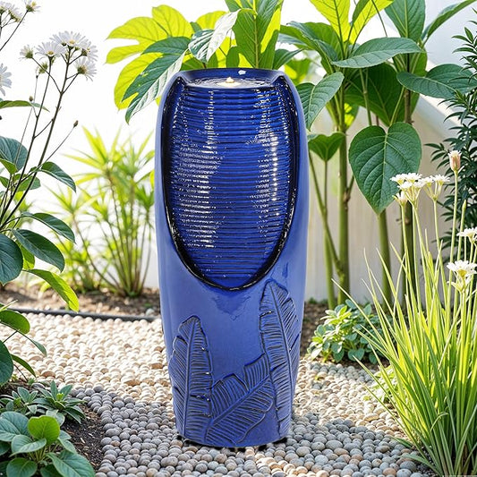 33" H Outdoor Garden Fountain with LED Lights, Modern Ceramic Jar Water Fountain, 3D Tropical Leaf Pattern, Cobalt Blue Glaze, Soothing Cascading Waterfall for Relaxing Patio, Yard, Porch