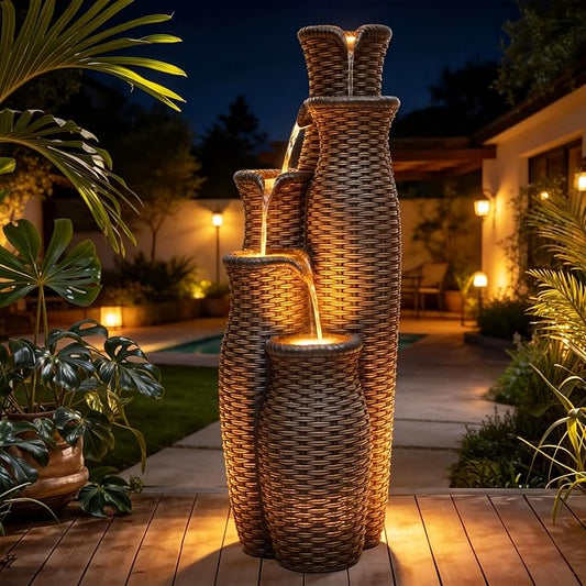 Wicker-Look Outdoor Water Fountain with Lights, 33" Tall 5-Tier Rattan Vase Cascading Waterfall Feature with Soothing White Noise for Patio Garden Backyard Porch Decor & Relaxation