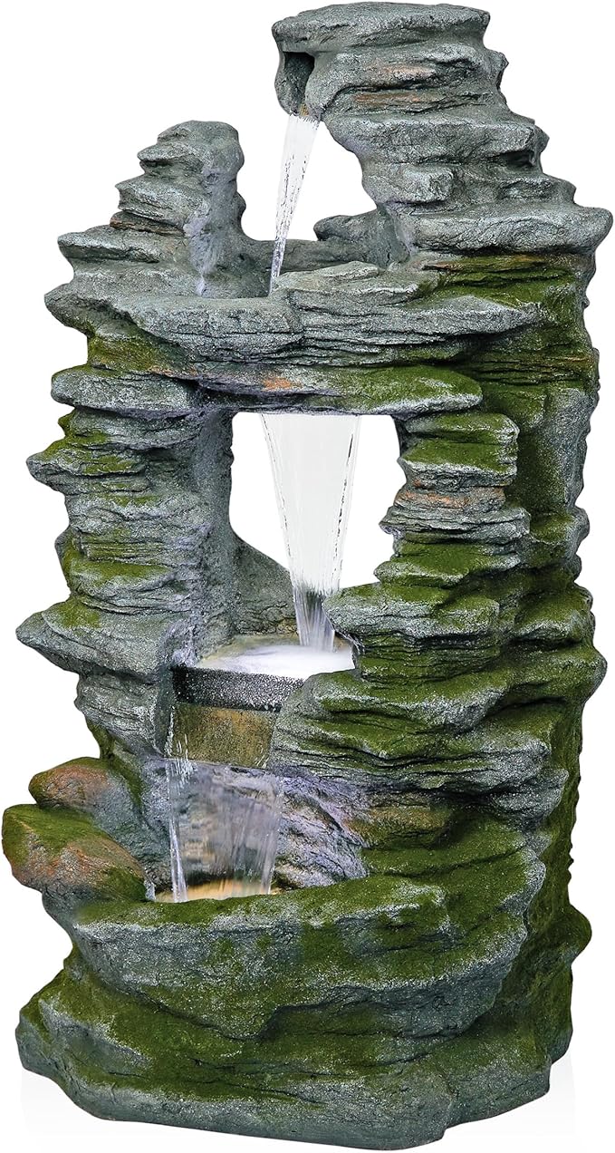 Alpine Corporation WIN1648 39" Stacked Stone Rainforest Fountain with Cool White LED Lights – Cascading Waterfall Feature for Garden, Patio, and Outdoor Décor