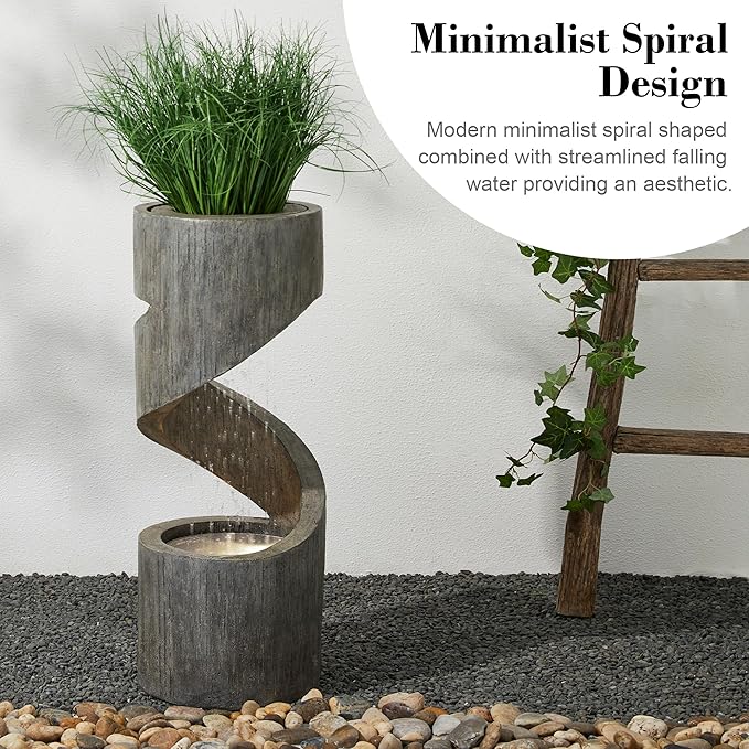Glitzhome Outdoor Fountain with LED Light, Spiral Water Fountain Outdoor with Stone Planter, Modern Curved Waterfall Fountains Water Feature for Garden Patio, 31.3”H