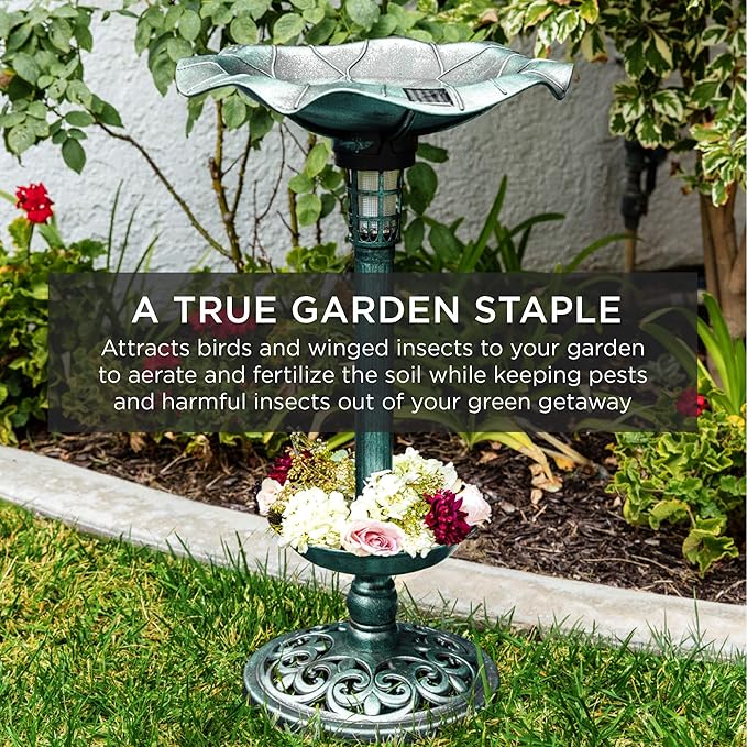 Best Choice Products Outdoor Solar Lighted Pedestal Bird Bath Fountain Decoration w/Planter, Integrated Panel, Scroll Accents for Lawn, Garden - Green