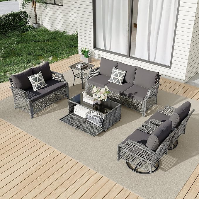 HOMREST 6 Piece Patio Furniture Set, Wicker Outdoor Conversation Sofa Set with Swivel Chairs, Loveseat, Storage Coffee Table, Rattan Outdoor Sectional for Deck Backyard Porch（7 Seats, Gray