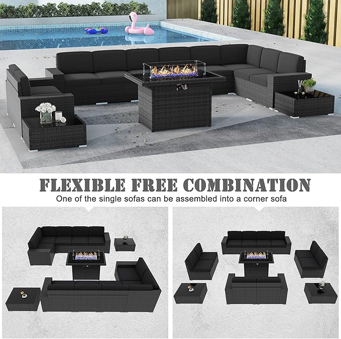13 Pieces Patio Furniture Set with 44" Propane Gas Fire Pit Table, Outdoor Sectional Wicker Conversation Sofa Sets with Coffee Table