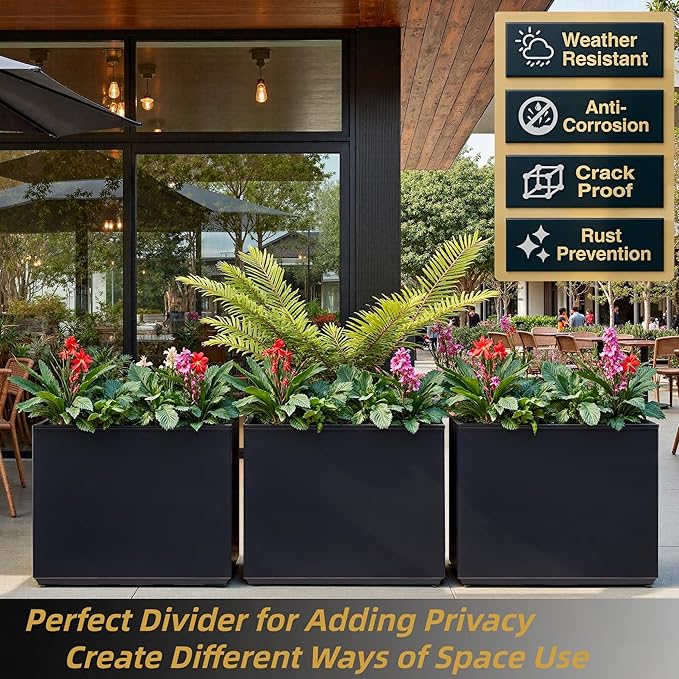 Wallowa Metallic Heavy Outdoor Planter Box with LED Light, Span Planter, Pure Black with Hand Brushed Gold Rim, Long and Tall Divider Planter, No Assembly and Seamless, 38”Lx10”Wx30”H Black