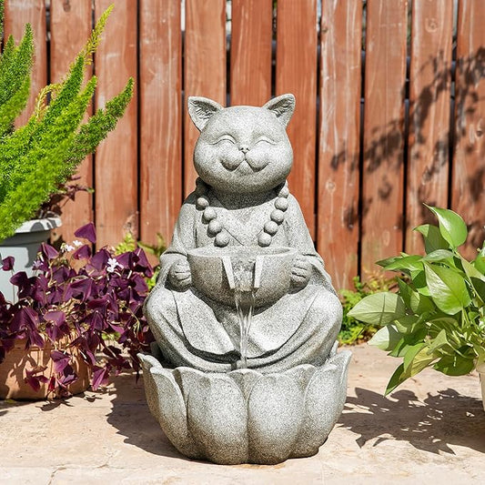 Glitzhome Water Fountain Outdoor, Outdoor Fountain with Lights, Zen-Style Water Fountain with Pump, 22" H 2-Tiered Concrete Cat Statue Polyresin Water Feature for Home Patio Garden Backyard Decor