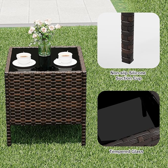 3 Piece Patio Furniture Set, Outdoor Patio Wicker Sofa Set with Upholstery and Glass Storage Coffee Table, All Weather Conversation Rattan Set for Garden, Porch, Lawn, Pool, Brown