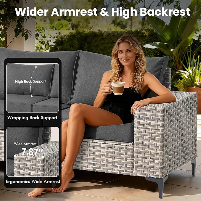 Patio Furniture Set, 8 Pieces Outdoor Wicker Conversation Sets with 2 Wicker Rocking Chair & Coffee Table Outdoor Sectional Sofa for Balcony Backyard Garden Lawn (Black)
