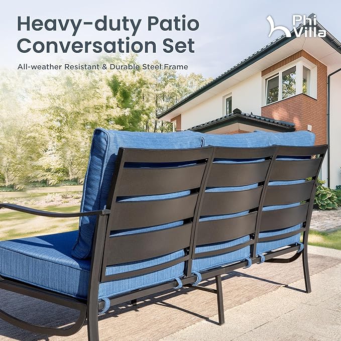PHI VILLA 6 Piece Patio Furniture Sets with 1 x 3-Seat Wide Deep Seating Bench, 2 x Swivel Cushioned Sofa Chairs, 2 x Leg Sofa & 1 x Coffee Table, Outdoor Furniture Set for 7 Person, Peacock Blue