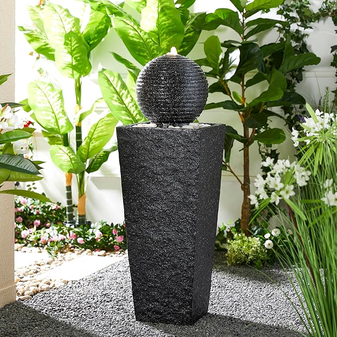 Glitzhome Outdoor Water Fountain with LED Light, Oversized Decorative Black Pedestal Water Fountains with Submersible Pump, Modern Sphere Floor Fountain with Pebbles for Garden Patio Decor, 40.25" H