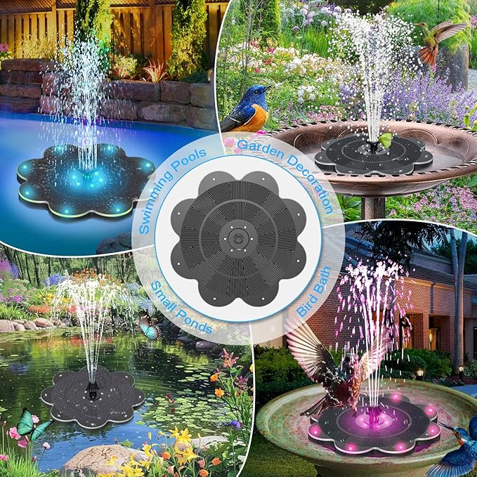 Solar Fountain, 2026 Upgraded 3.5W Flower Design Solar Water Fountain for Bird Bath with 2-Row LED Lights, 2000mAh Battery, 7 Nozzles for Garden, Pond, Pool, Patio Hummingbird Feeder