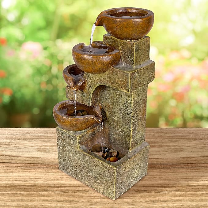 Alpine Corporation WCT726 | 16"H Indoor/Outdoor Tabletop Tiered Pouring Pots Waterfall Fountain — Natural Stone-Look Finish Adds Rustic Charm — Brown
