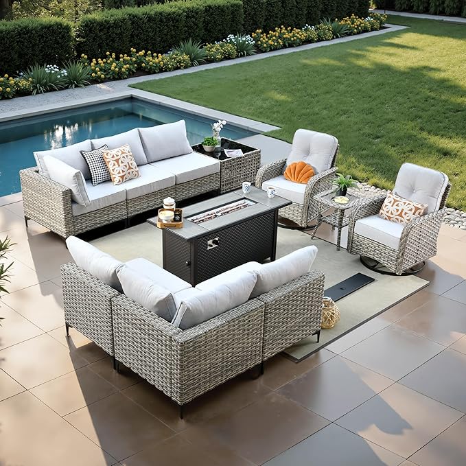 11 Pcs Patio Furniture with Fire Pit Table, Outdoor Rattan Wicker Conversation Set with Glowing Coffee Table, Comfy Sectional Sofa for Porch Balcony Backyard Pool, Light Grey