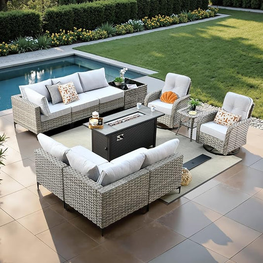 11 Pcs Patio Furniture with Fire Pit Table, Outdoor Rattan Wicker Conversation Set with Glowing Coffee Table, Comfy Sectional Sofa for Porch Balcony Backyard Pool, Light Grey