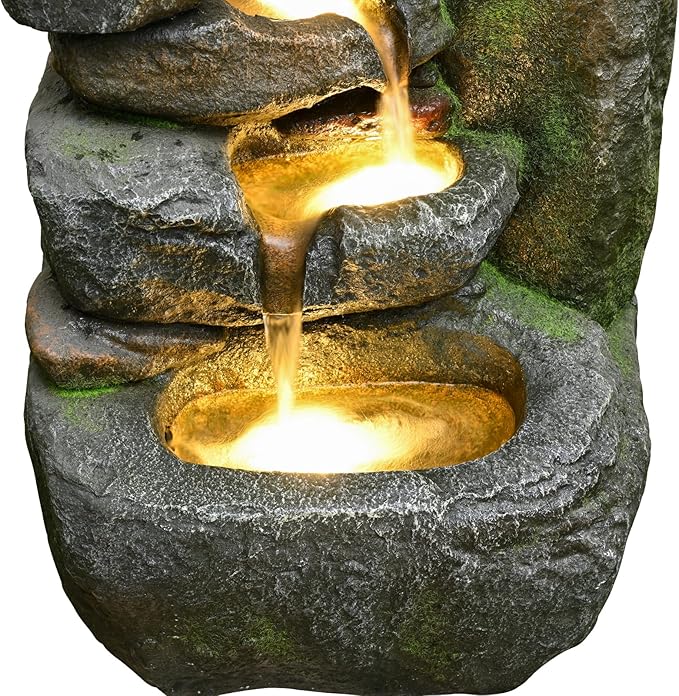 Outdoor Garden Water Fountain with Lights Cascading Large Waterfall Floor Standing Fountain for Patio, Backyard, Deck, Porch and Home Art Decor (32.68'' Gray)