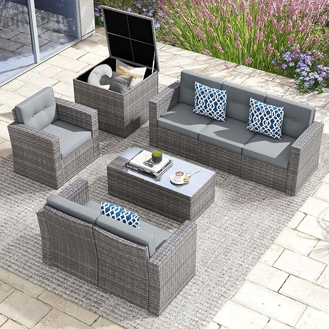 JOIVI 8 Pieces Patio Furniture Set with Storage Box, Rattan Patio Conversation Set, Rattan Couch Sectional Sofa Set with Cushions and Coffee Table for Outside Porch, Deck, Gray
