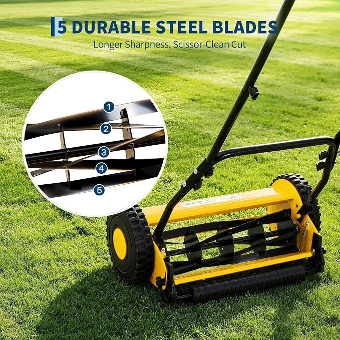 14" 5-Blade Push Reel Lawn Mower, Manual Push Mower with Adjustable Cutting Height, Compact Lawnmower for Small to Medium Yard and Field, Lightweight Hand Reel Push Mower, Yellow - Image 3
