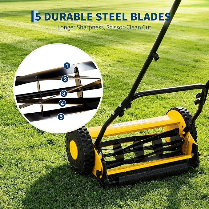 16" 5-Blade Push Reel Lawn Mower, Manual Push Mower with Adjustable Cutting Height, Compact Lawnmower for Small to Medium Yard and Field, Lightweight Hand Reel Push Mower, Yellow - Image 3