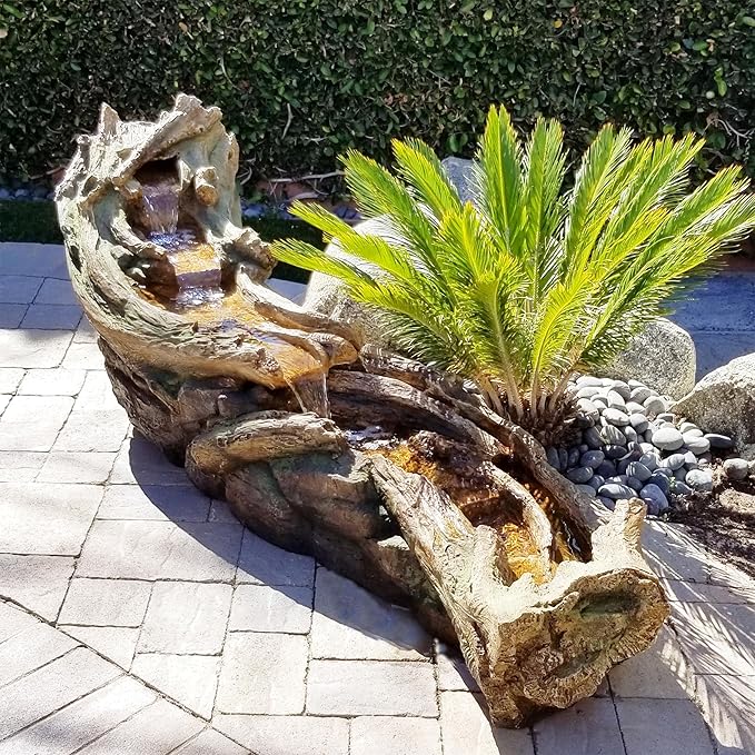 Alpine Corporation 80" Long Indoor/Outdoor Wood River Log Water Fountain with LED Lights, Cascading Natural Water Feature for Gardens, Patios, Yards, and Outdoor Decor, Brown and Gray