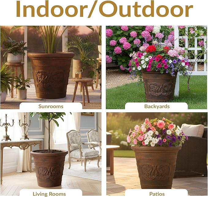 Sunnydaze 19.5-Inch Arabella Large Plastic Pot for Plants - Outdoor Double-Walled Polyresin Large Plastic Planter with Drillable Drainage Holes - Rust