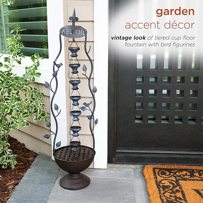 Alpine Corporation MAZ256 Indoor/Outdoor Floor Vintage Hanging 7-Cup Tiered Water Fountain, Rustic Waterfall, 41", Bronze