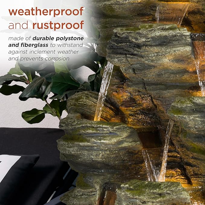 Alpine Corporation WIN1092 Outdoor Multitiered Rock Waterfall Floor Fountain with Warm White LED Lights, 51" Tall, Brown