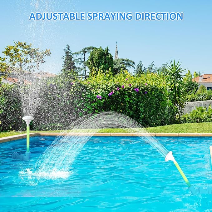 Pool Fountain for Above & Inground Pools – 360° Adjustable Pool Waterfall, Pool Sprinkler Fountain with 4 Spray Modes, Green Glow-in-The-Dark Riser – Swimming Pool Cooler & Pool Accessories