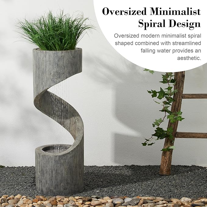 Glitzhome Outdoor Fountain with LED Light, Oversized Spiral Water Fountain Outdoor with Stone Planter, Modern Curved Waterfall Fountains Water Feature for Garden Patio, 40”H