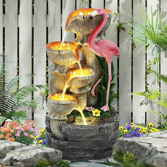 5 Tier Outdoor Garden Water Fountain, 25" H Waterfall Fountain with 5 LED Lights and Pump, Floor Standing Cascading Resin Fountains for Indoor and Patio Garden, Modern Flamingo Fountains, Pink