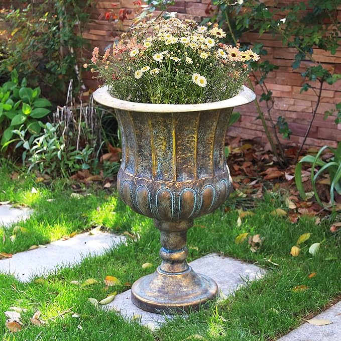 Worth Garden 24.5" H. Metal Urn Planters 1-Pack - Bronze Classic Antique Iron Plant Pots - Large Decorative Rustic Flower Pots for Outdoor Use - Traditional Urn Planter for Patio, Front Porch