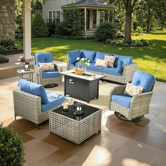 9 Pcs Patio Furniture with Fire Pit Table, Outdoor Rattan Wicker Conversation Set with Glowing Coffee Table, Comfy Sectional Sofa for Porch Balcony Backyard Pool, Light Blue