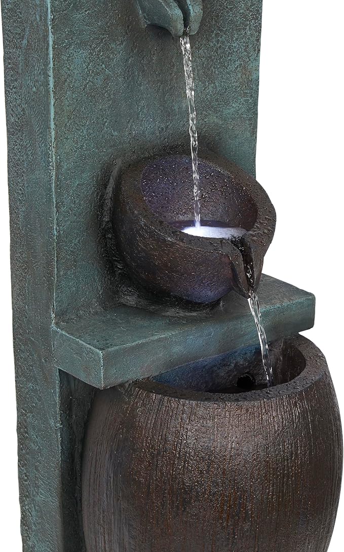 Alpine Corporation TZL388 32" 3 Tier Jar Fountain with LED Lights, Elegant Outdoor Water Feature for Garden, Patio, Backyard, Home Décor, Ceramic Water Fountain & Landscape Decorations, Gray