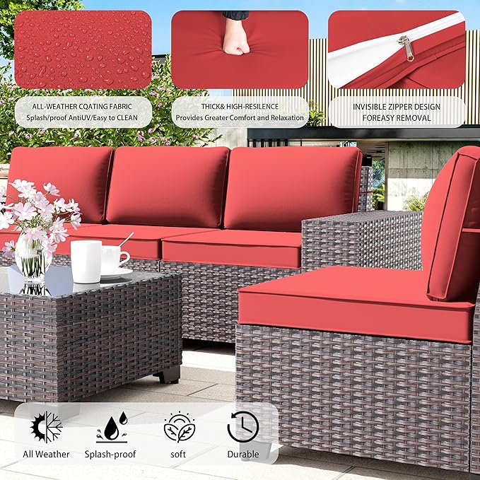 7 PCS Outdoor Patio Furniture Set,Outdoor Sectional Furniture with 43" 55000 BTU Gas Propane Fire Pit Table,All Weather PE Rattan Wicker Patio Conversation Set,Red