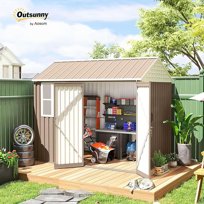 Outsunny 8' x 6' Outdoor Storage Shed, Metal Garden Shed with Window & Double Lockable Door, Outdoor Tool Shed Storage with Sloped Roof for Backyard, Patio, Garage, Lawn, Brown - Image 2