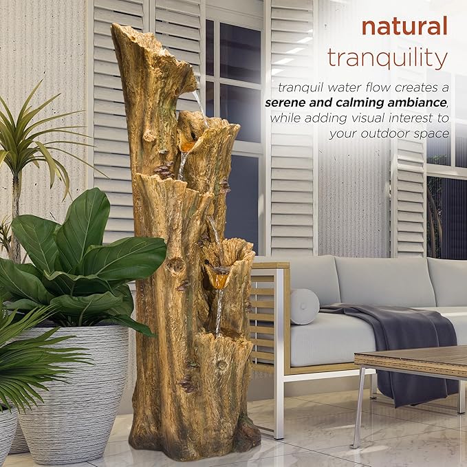 Alpine Corporation 65" Tall Outdoor 4-Tier Cascading Tree Bark Water Fountain with LED Lights
