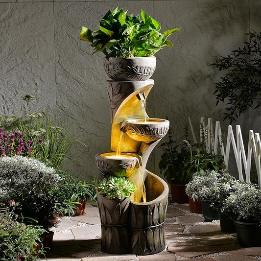 4 Tiered Water Fountain Outdoor, 35.6" Tall Cascading Bowl Leaf Carved Outdoor Waterfall Fountains Modern Water Feature with Dual Planters for Garden, Patio,Deck, Yard, Indoor Decor