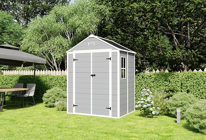 YOPTO 6x5 FT Resin Storage Shed,Garden House with Floor & Lockable Door,Waterproof Plastic Tool Sheds W/Slanting Roof Visual Window & Air Vents for Bicycles,Lawnmowers,Lawn,All Weather Use,Gray - Image 3